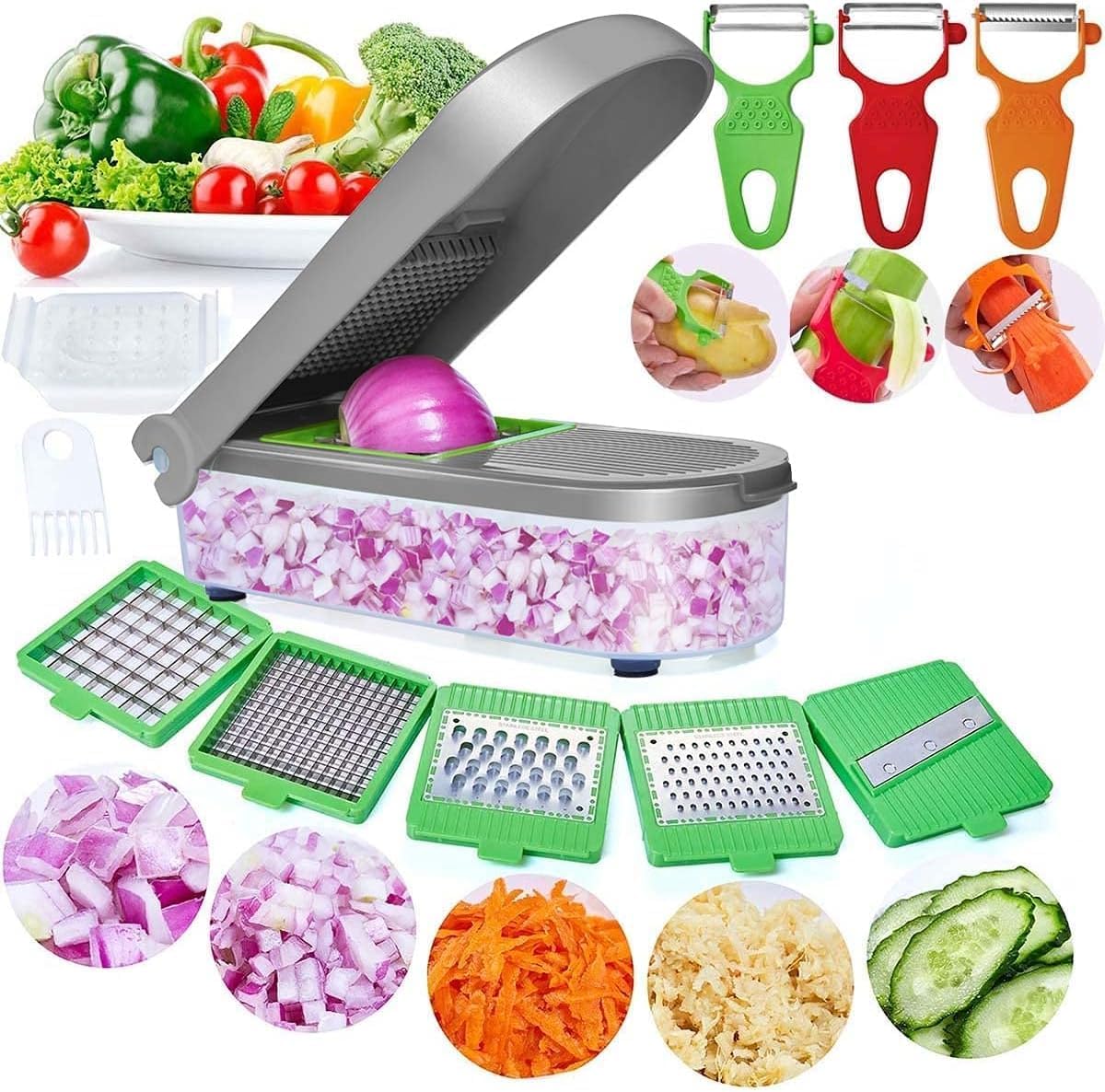 LHS Vegetable Chopper, Pro Onion Chopper Slicer Dicer Cutter Shredded- Cheese & Veggie Plus Peeler and Julienne - Food Dicer with 8 Blades (Grey)