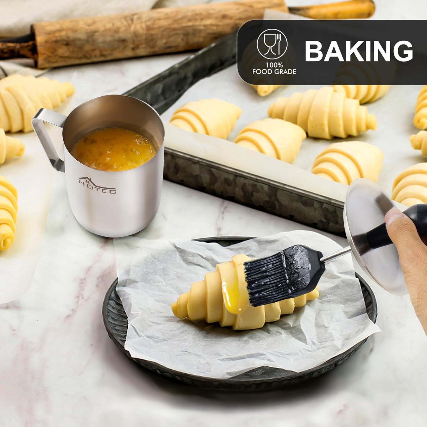 HOTEC Stainless Steel 304 Basting Pot with Brush, Silicone Grill Barbeque Basting Brushes for Sauce Oil, 36oz