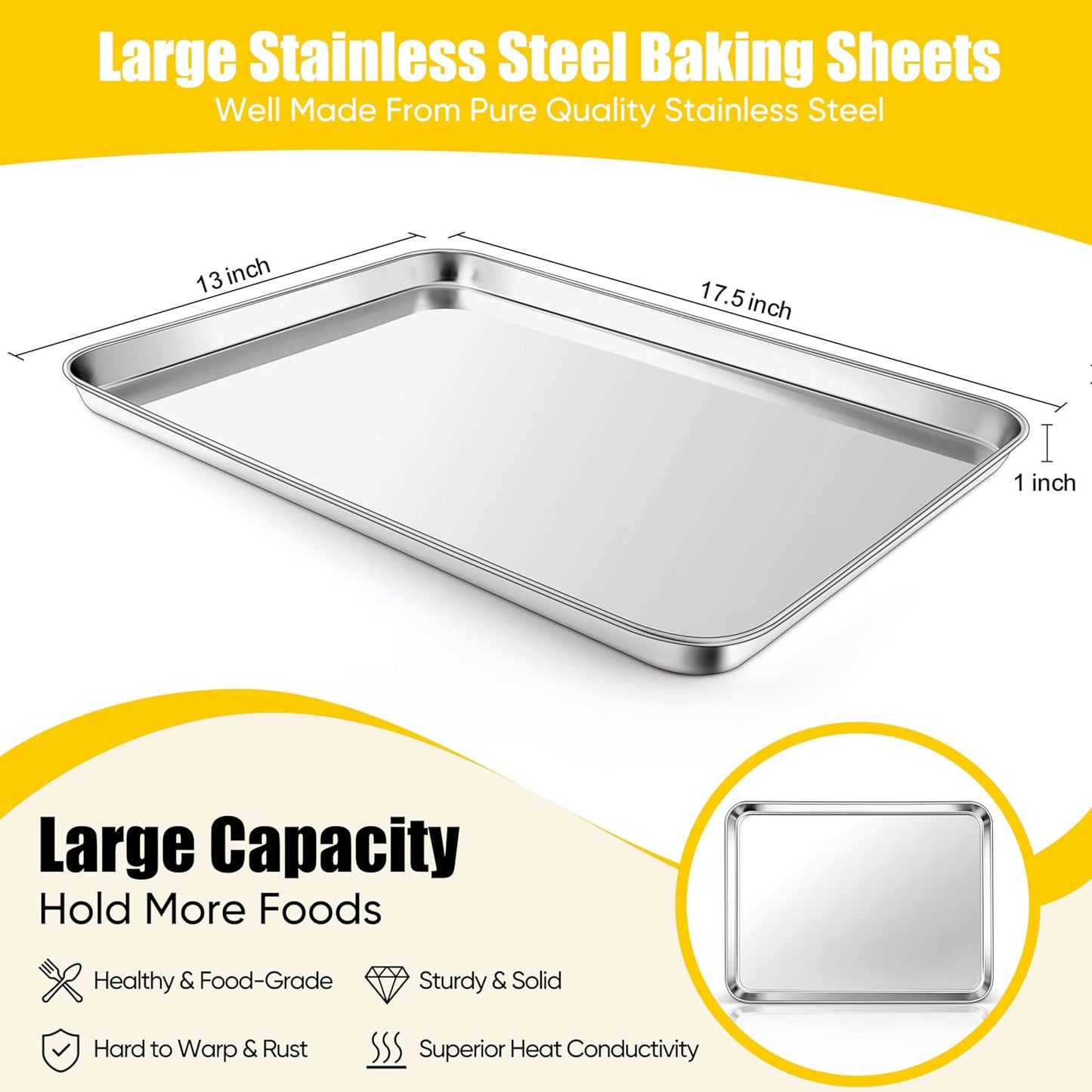 Homikit 1 Pack Baking Sheet, 18 x 13 Inches Stainless Steel Large Cookie Pan, Heavy Duty Metal Half Sheet Tray for Oven Baking Roasting Cooking, Rustproof & Nonstick, Dishwasher Safe