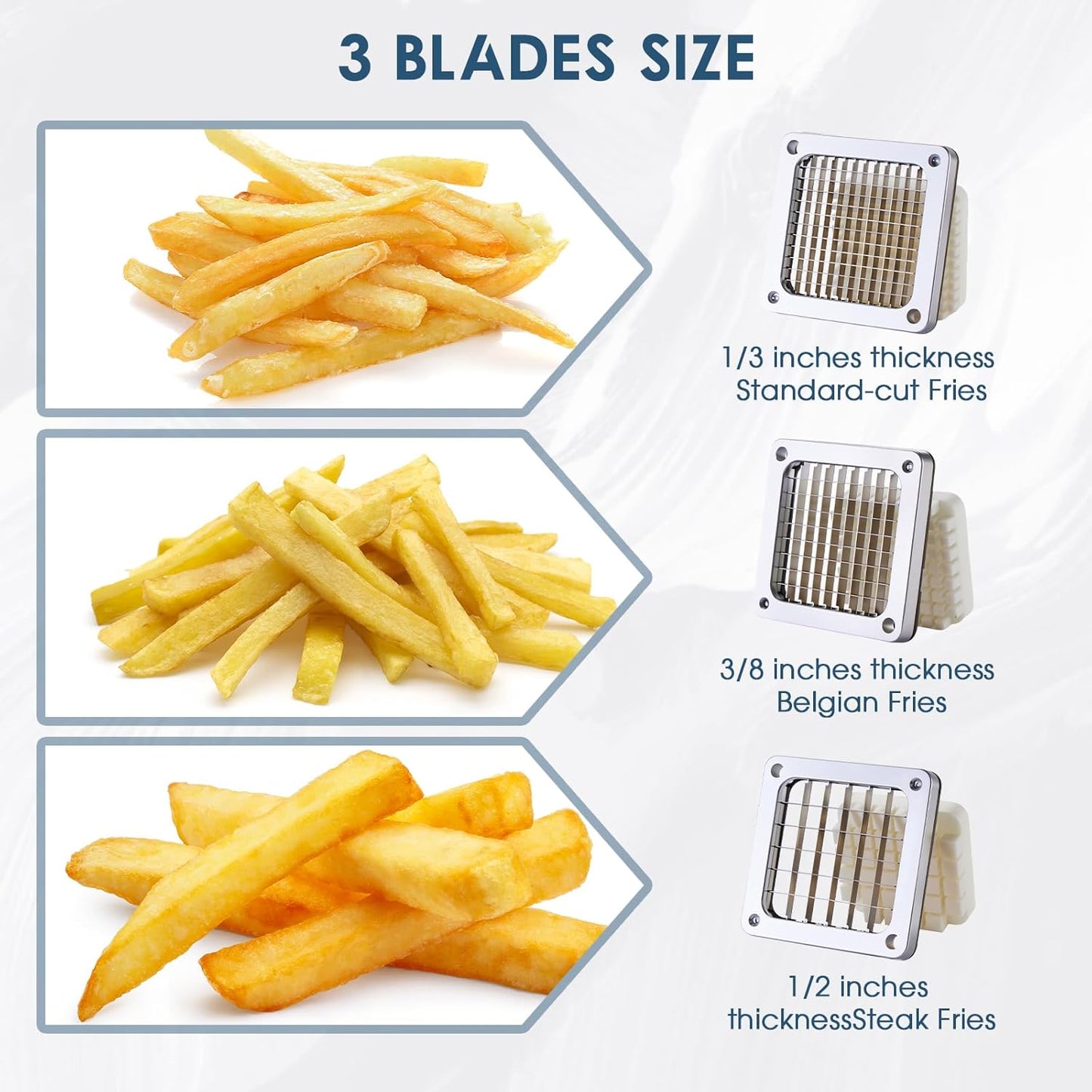 Commercial French Fry Cutter Stainless Steel Potato Cutter for with 1/2,1/3 and 3/8 Inch Blade, Heavy Duty Potato Slicer Manual Potato Chopper Set for Sweet Potato, Carrot, Cucumbers