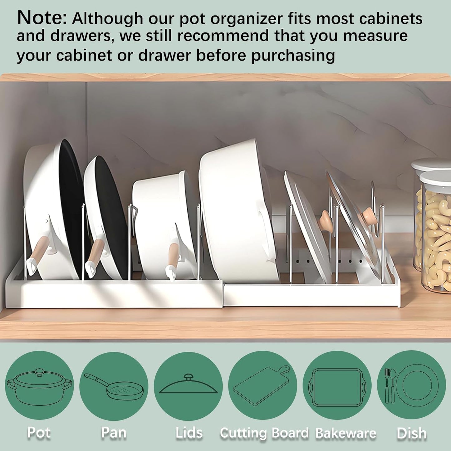 Pot and Pan Organizer, Expandable Pots and Pans Organizer Under Cabinet, Pot Lid Holder with 10 Adjustable Compartment for Bakeware, Cutting Boards, Lid, Dishes, Cookware (1 Pcs)