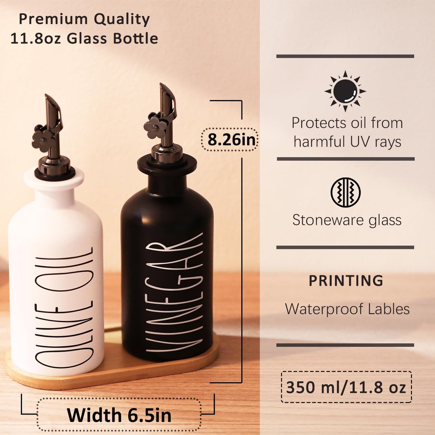 HOMCDALY Premium Olive Oil Dispenser for Kitchen, 11.8oz Glass Oil Bottles with Bamboo Tray, Oil&Vinegar Cruet Set, Kitchen Dispenser Bottles with Pourer | Set of 2 (11.8oz –P–Black&White)