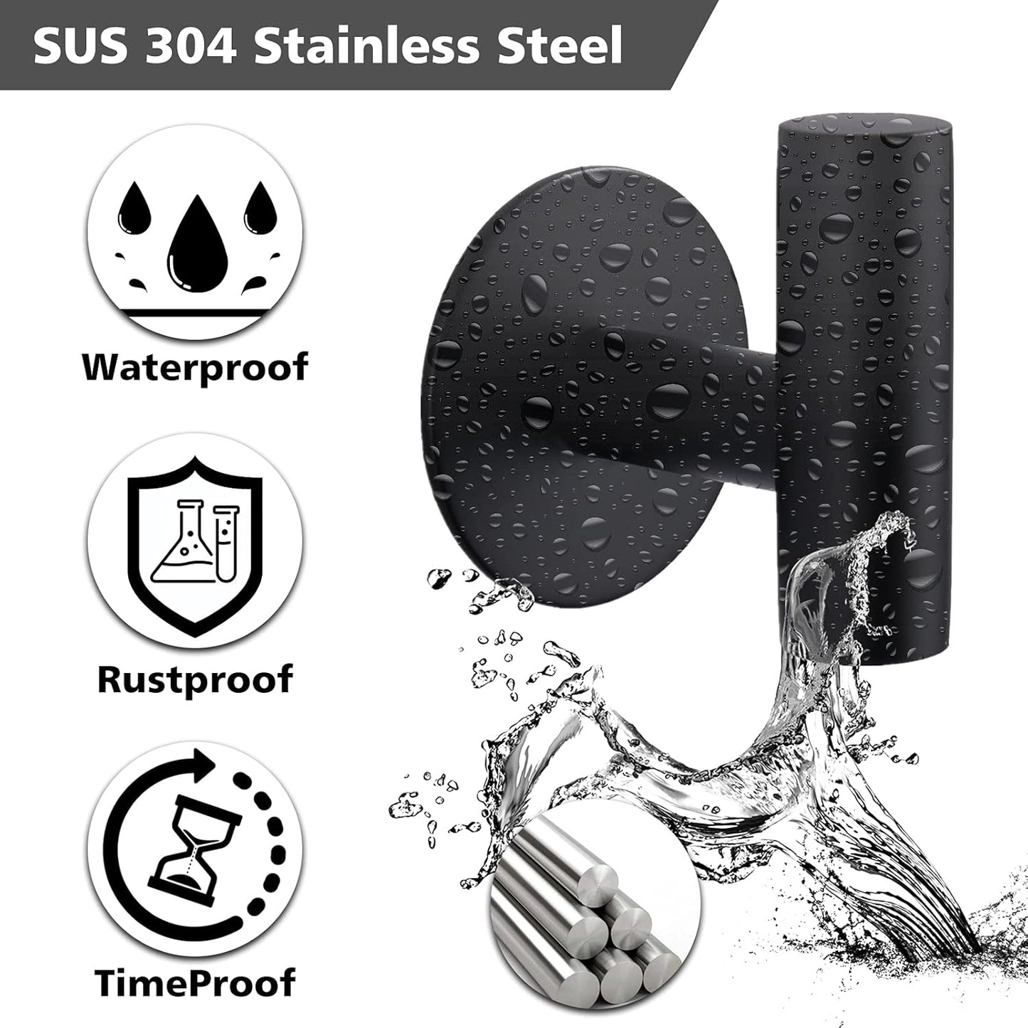 Adhesive Towel Hooks, Heavy Duty Wall Hooks Stainless Steel Waterproof Shower Towel Hooks, Coat Hook for Hanging Clothes, Adhesive Hooks for Bathroom, Glass Window- 4 Pack, Black