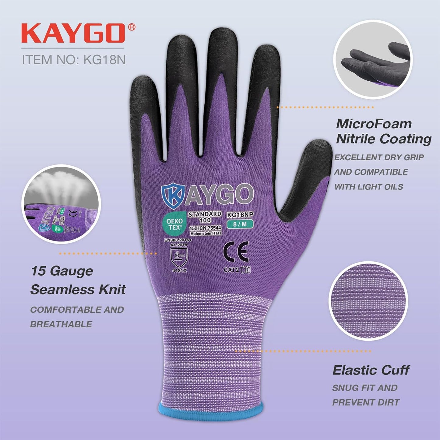 KAYGO Safety Work Gloves MicroFoam Nitrile Coated, 12 Pairs KG18NB,Seamless Knit Nylon Glove for Men and Women, Ideal for Automotive,Warehouse,Construction (L, Purple)