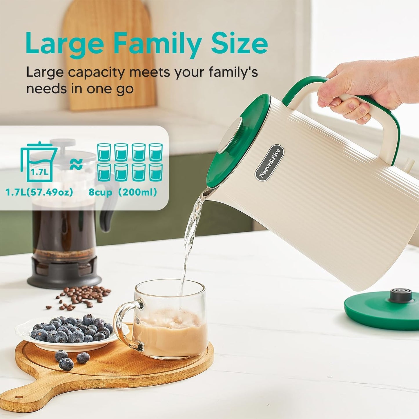 Nueve&Five 1.7L (57oz) Large Electric Kettle Perfect for 7+Cups of Tea and Coffee,2 quarts Double Wall Big Electric Tea Kettle,Auto Shut Off,1200W Hot Water Kettle Electric -Green