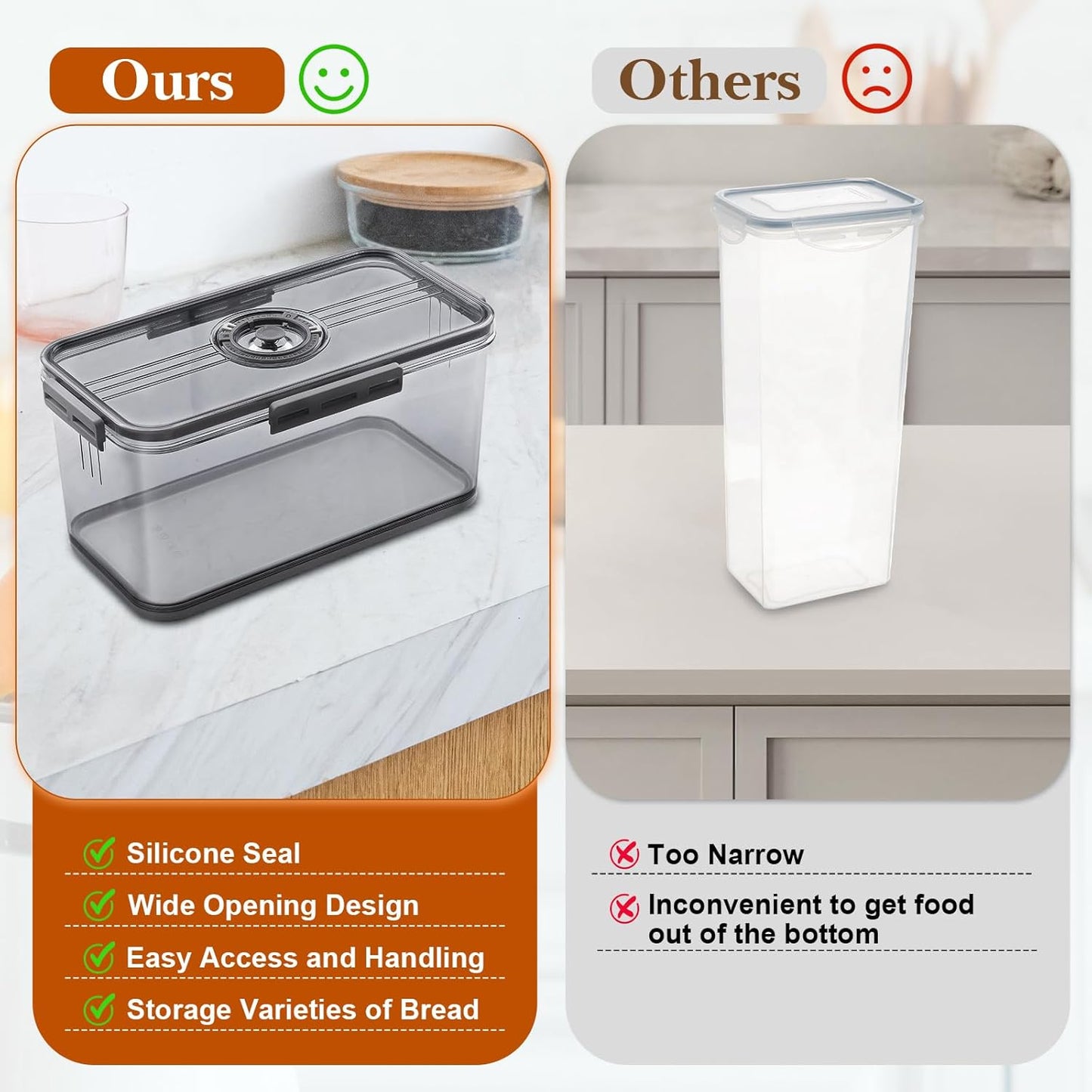 Bread Box for Homemade Bread Boxes for Kitchen Counter Airtight, Time Recording Bread Storage Container with Lid, Bread Containers Storage Airtight Loaf Bread Keeper, Large, Dark Grey