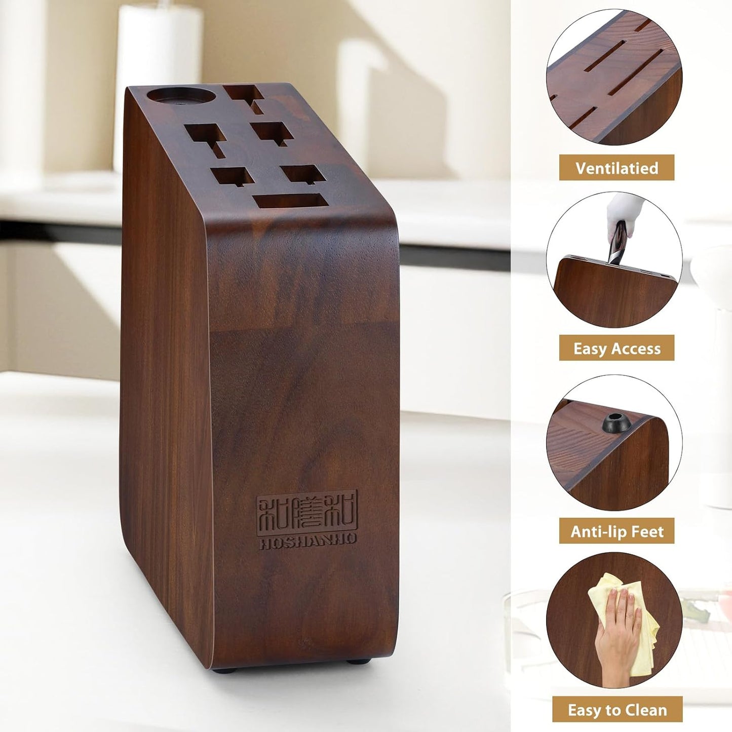 HOSHANHO Magnetic Knife Block 10 x 9 Inches, Double Sided Magnetic Knife Holder and Kitchen Knife Organizer Storage, 7 Slots Acacia Wood Universal Knife Block for Chefs