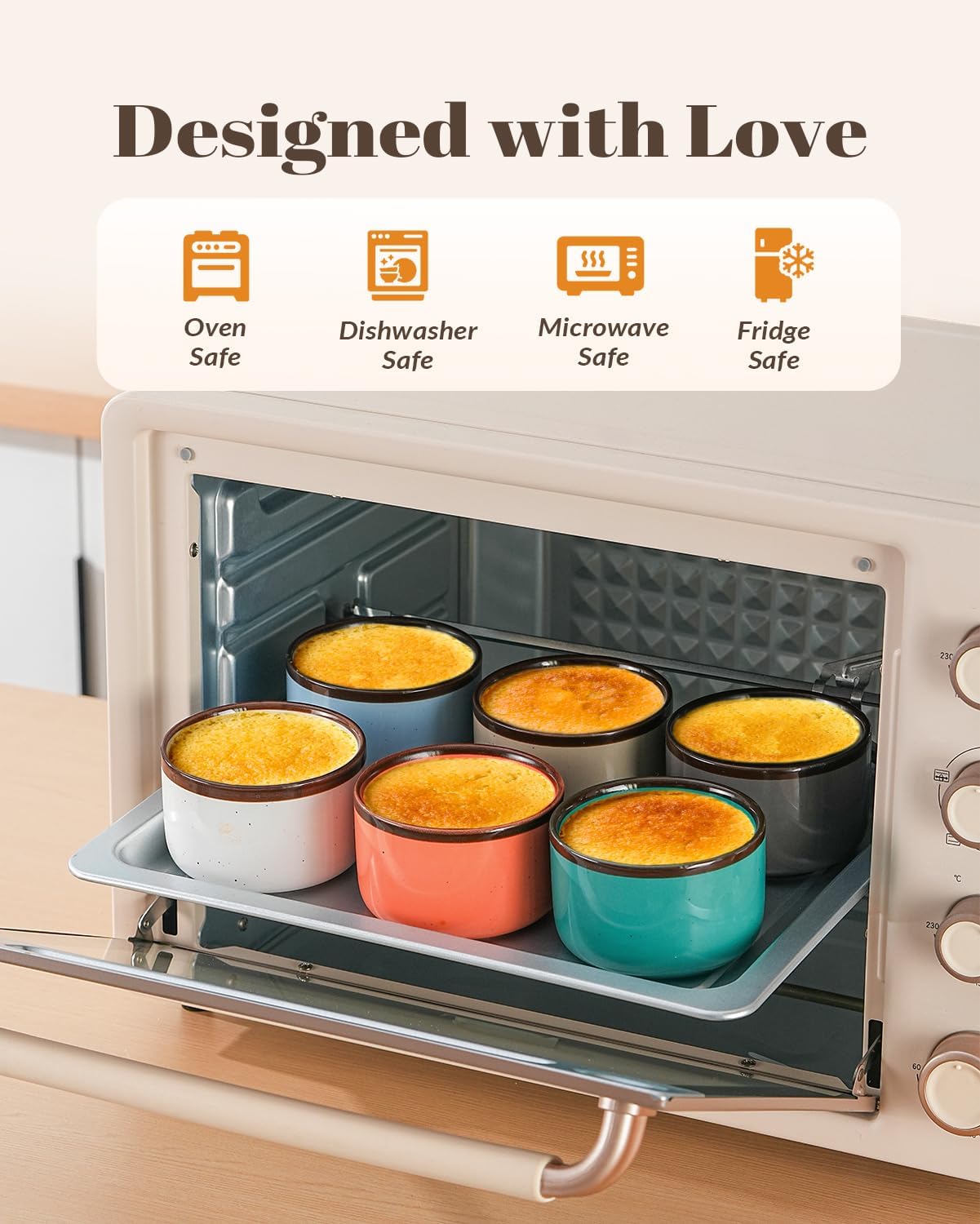 Juimma Ramekins 8 oz, Creme Brulee Ramekins Oven Safe, Ramiken Small Bowls Ceramic Baking Dishes for Pudding Custard, Dipping Sauce Cups for Souffle Ice Cream, Set of 6, Morandi Color