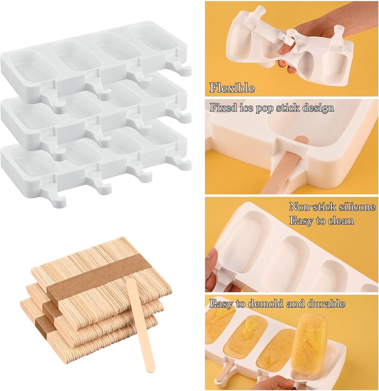 Sakolla Silicone Popsicle Molds Set of 3, Large Oval 4 Cavities Homemade Ice Pop Molds with 150 Wooden Sticks for Ice Cream, Cakesicles, Cake Pop (White)