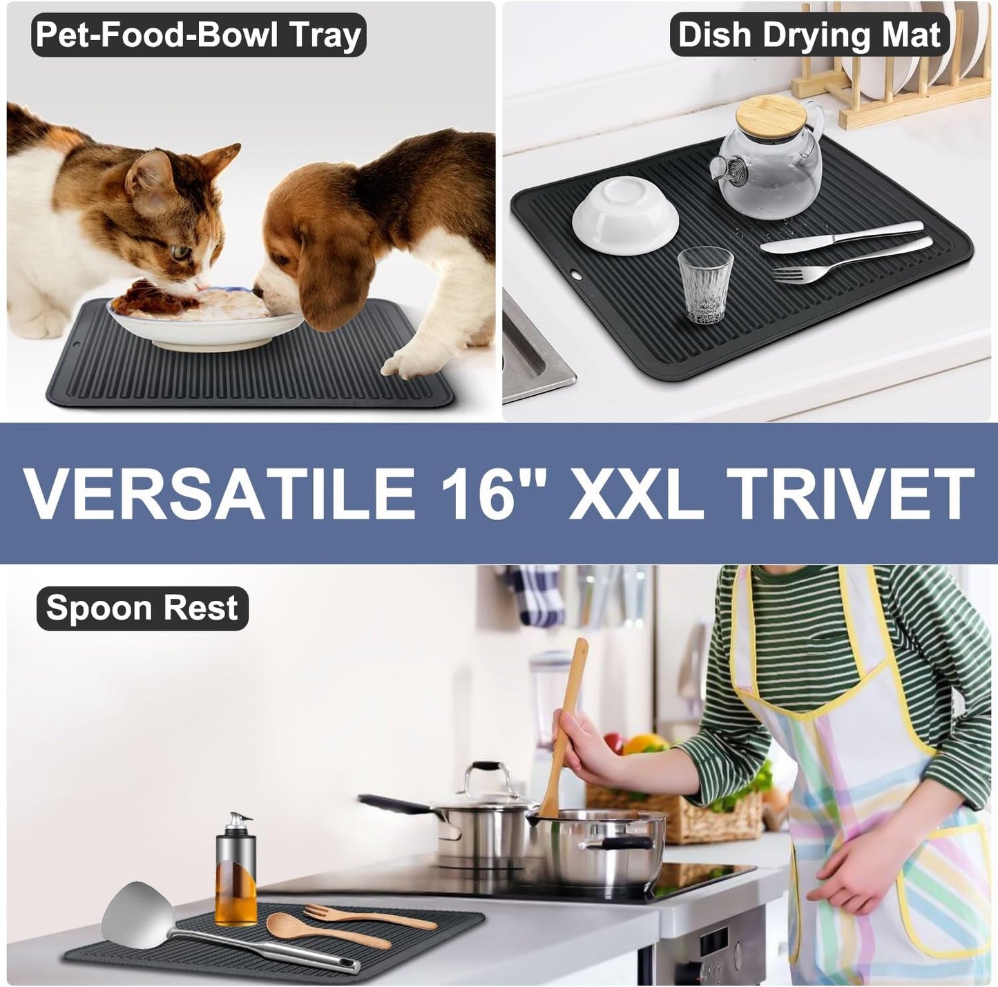 Walfos XXL Silicone Trivet 16 Inch and Round Trivets 9 Inch & 7 Inch, Trivets for Hot Pots and Pans, Heat Resistant Pot Holders Hot Pads for Kitchen Quartz Countertops, Hot Dishes, 5 Pack, Black