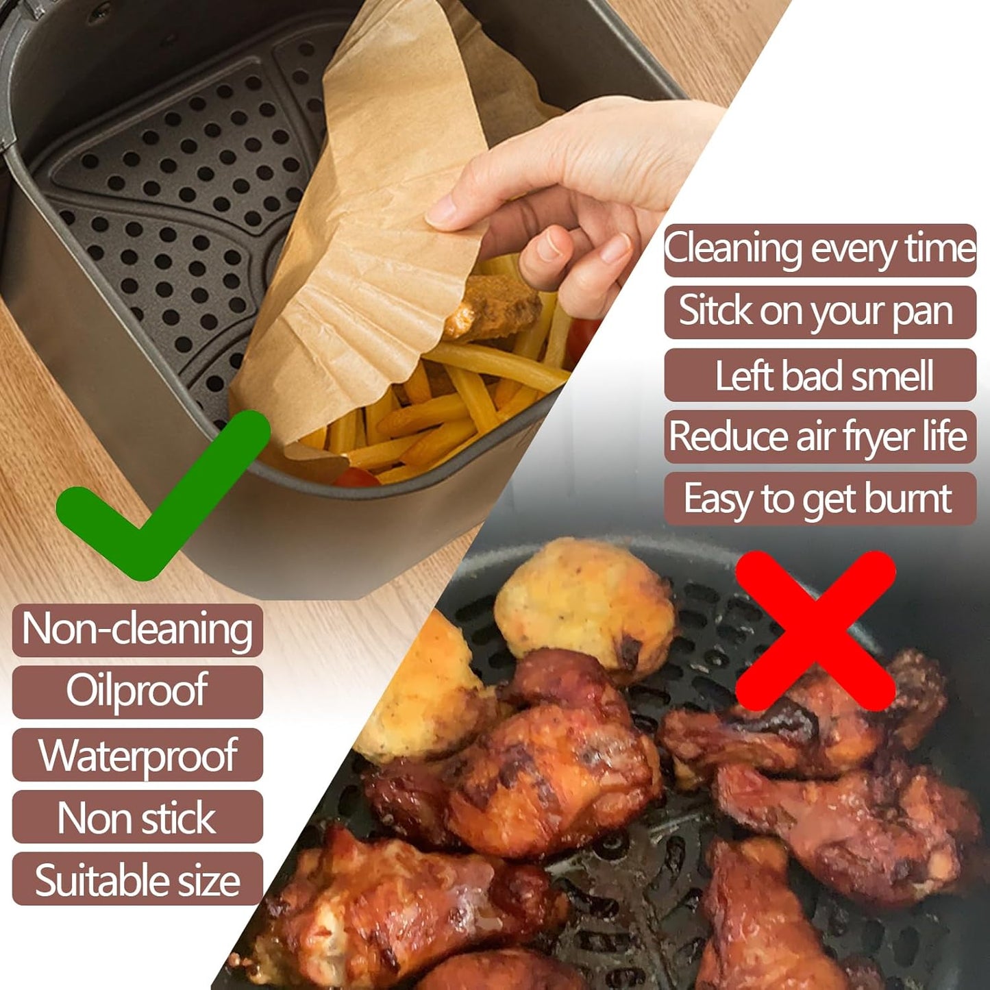 UBeesize 9-Inch Air Fryer Parchment Liners - 200 Pack, Square Non-Stick Disposable Paper Sheets for Microwave & Air Fryers, Unbleached Baking Sheets (8-Inch Base)