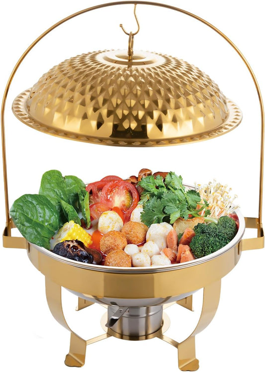 Chafing Dish Buffet Set, Stainless Steel Hanging Lid Dining Stove, Roll Top Chafing Dish Buffet Diamond-Shaped Lid and Round Stand for Buffet Restaurants and Banquets (Gold, 6L/6.3QT)