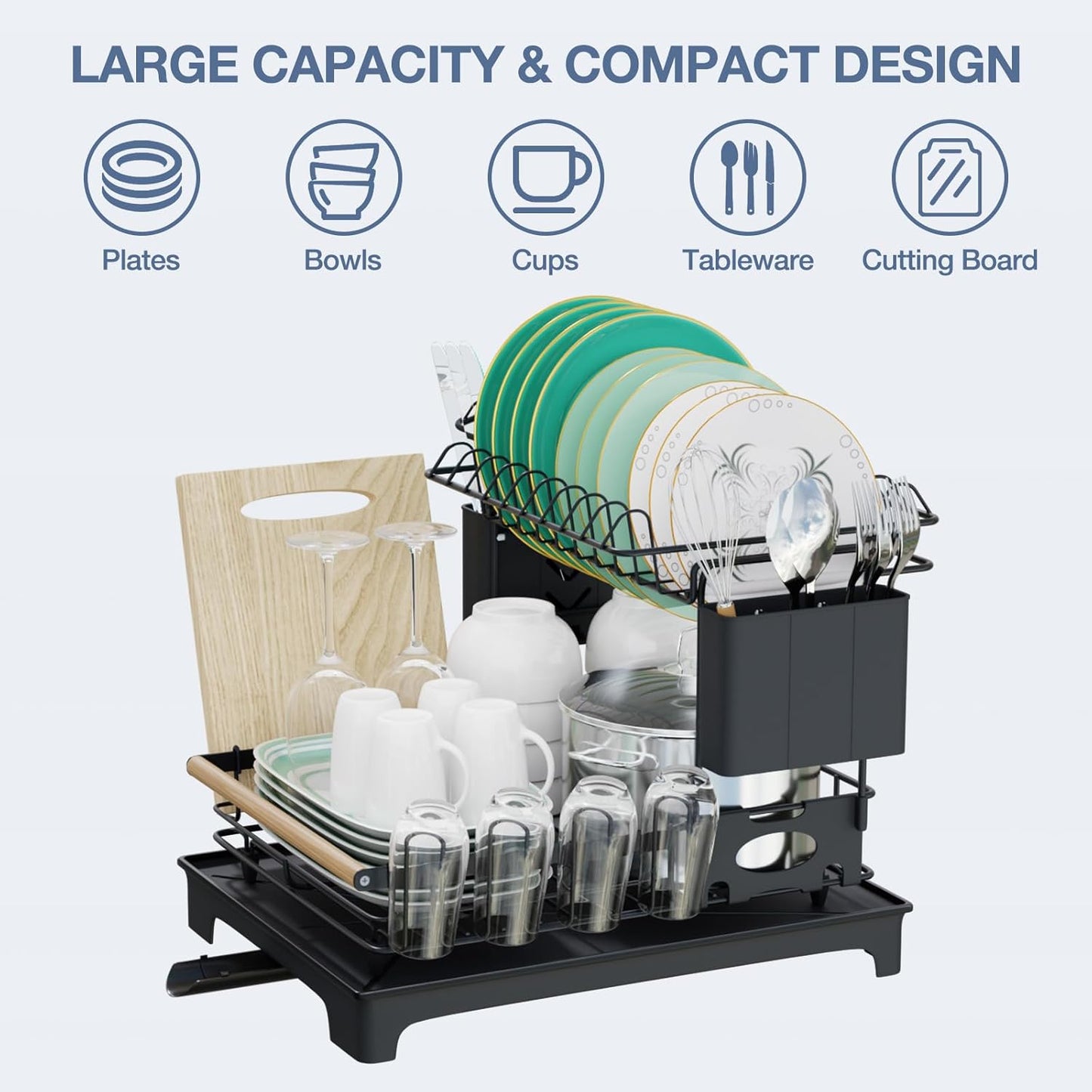 2 Tier Dish Drying Rack, Large-Capacity Dish Rack for Kitchen Counter, Anti-Rust Dish Strainer Rack with Drainboard Set, Kitchen Organizer with Cup Holder, Utensil Holder, Cutting-Board Holder