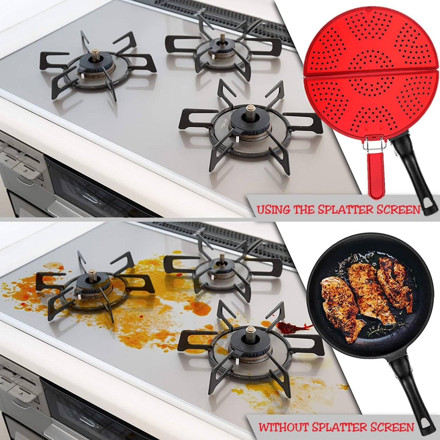 Splatter Screen for Frying Pan Foldable Grease Splatter Guard Silicone Splatter Shields Multifunction Oil Screen for Skillet with Folding Handle Bacon Splatter Screen Strainer
