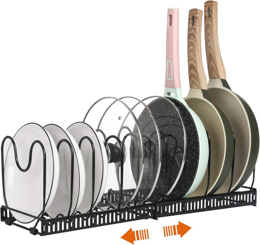 ROOHUA Pot Rack -Expandable Pan Organizer for Cabinet, Lid Holder with 10 Adjustable Compartment for Kitchen Cabinet Cookware Baking Frying Rack