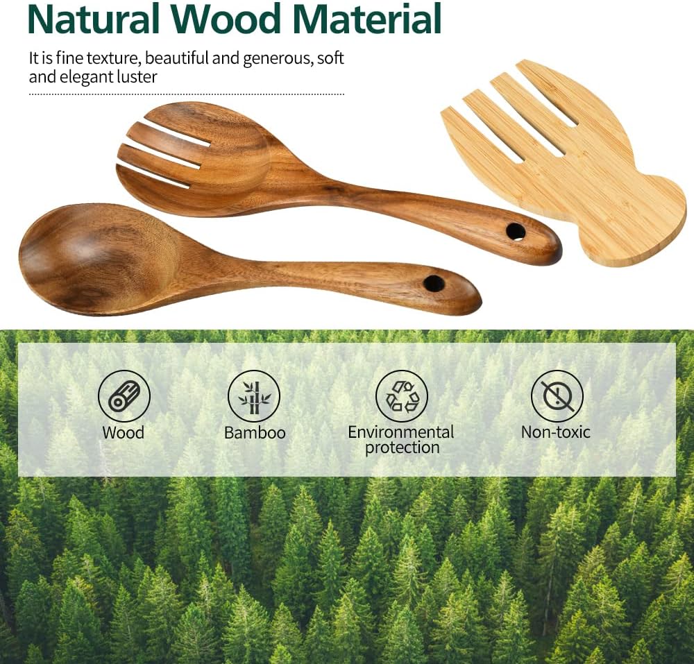 Salad Servers Salad Hands Set, Wood Salad Tongs, 10.2in Salad Spoon Fork and 7.1in Salad Hands Set, Salad Server Set for Mixing, Tossing and Cooking (Salad Server Salad Hand Set)