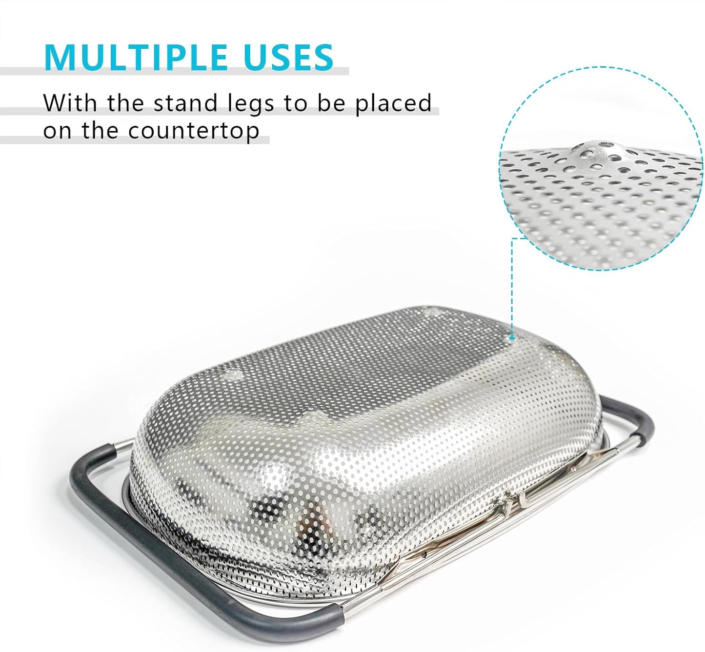 REDANT Over The Sink Colander - Expandable Stainless Steel Strainer with Fine Mesh for Pasta, Rice, Fruits & Vegetables - Kitchen Colander with Rubber Grip Handles, Silver (1-Pack)