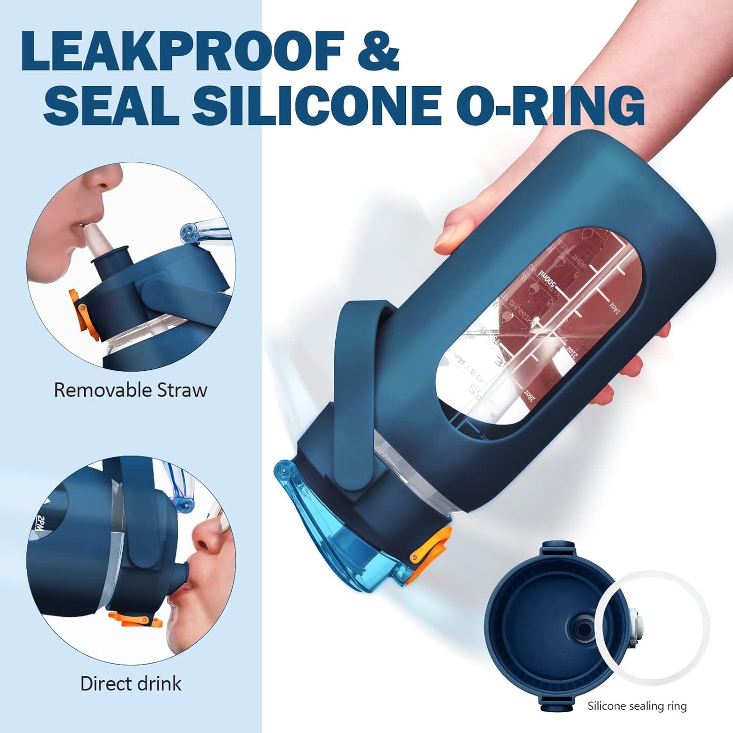 kytffu 64oz Glass Water Bottles with Straw, Half Gallon Motivational Glass Bottle with Silicone Sleeve and Time Marker, 2L Leakproof Large Glass Water Jug for Gym Home Office,Blue