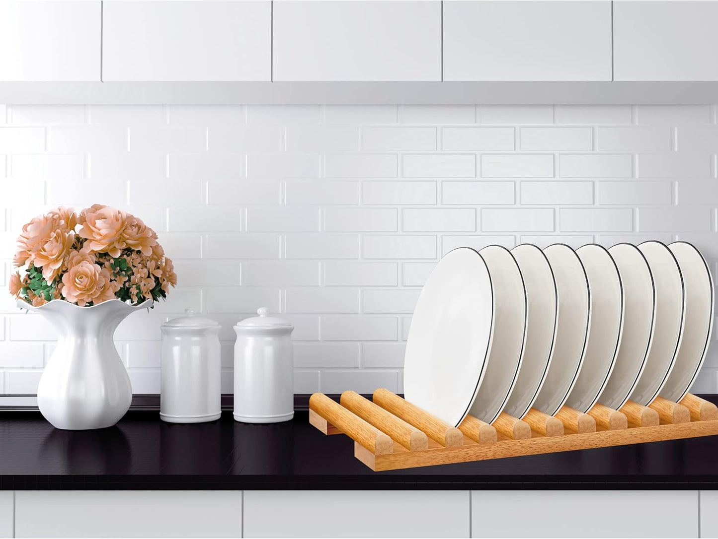 Solid Wood Kitchen Dish Drying Rack 10 Slots Plate Organizer for Cabinet New Apartment Essentials Plate Holder for Kitchen Display Countertop (Pack of 2)