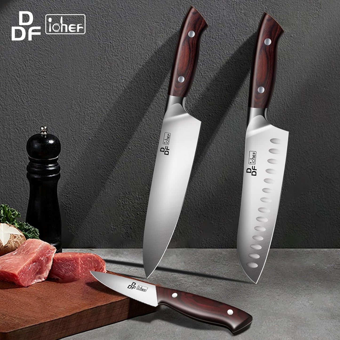 DDF iohEF Knife Set 3 Piece, Sharp Kitchen Knife Set Professional Chef Knife Set for Kitchen Japanese Stainless Steel Cooking Knives with Ergonomic Pakkawood Handle