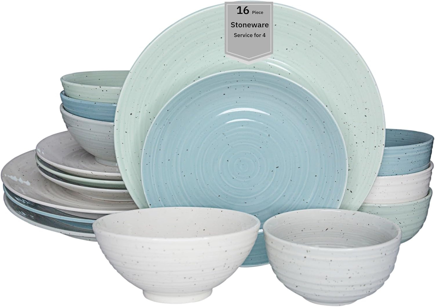 Sango Siterra Artist's Blend 16-Piece Stoneware Dinnerware Set – Service for 4, Mixed Glossy Finish with Unique Speckled Design, for Everyday Dining & Entertainment, Dishwasher & Microwave Safe