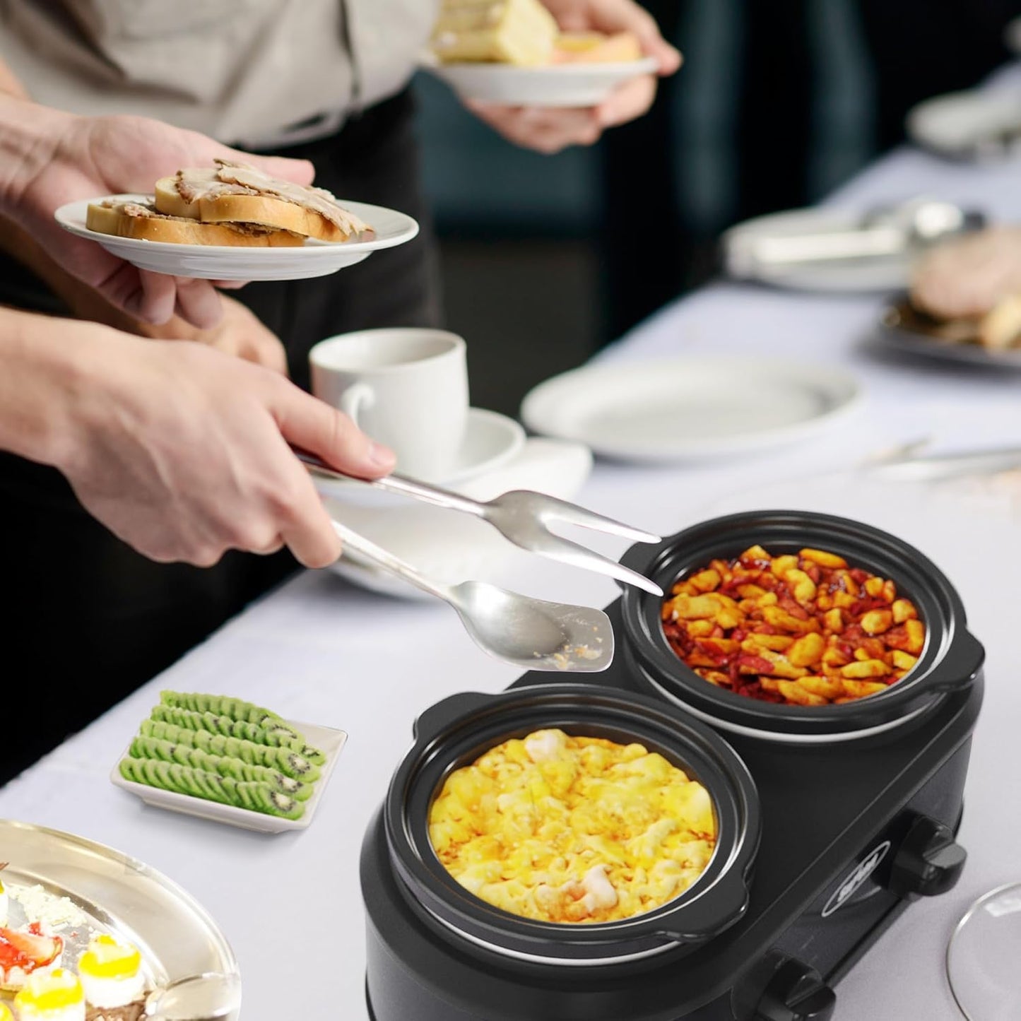 Sunvivi Double Slow Cooker,2 Pot Small Mini Crock Buffet Servers and Warmer,Dual Pot Oval Manual Slow Cooker with Adjustable Temp Removable Ceramic Pot,Stainless Steel, Total 2 * 1.25 Quarts Black