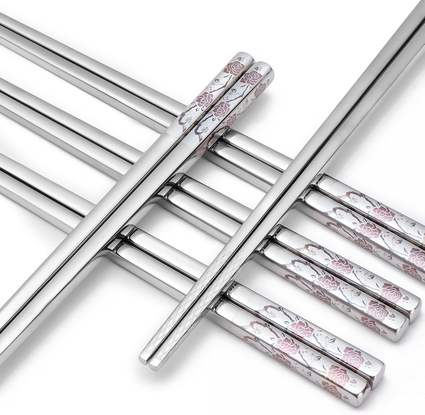 Stainless Steel Chopsticks, Titanium Plated Metal Chopsticks, 9.8" Premium Japanese Korean Color Laser Engraved Cooking Chop Sticks, Dishwasher Safe, Reusable, Anti-slip, Anti-scald, 2 Pairs Gift Set