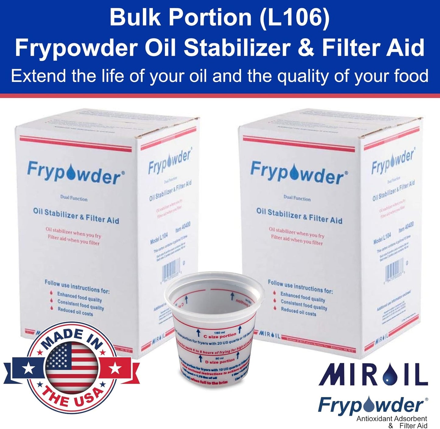 MirOil L106 Fry Powder Oil Stabilizer and Filter Aid, Deep Fryer Cooking Oil Saver, Removes Fryer Grease Contaminants & Carbon Deposits, Helps Save Grease, 2 x 4 Gallons of L104 (8Gallons) Fry Powder
