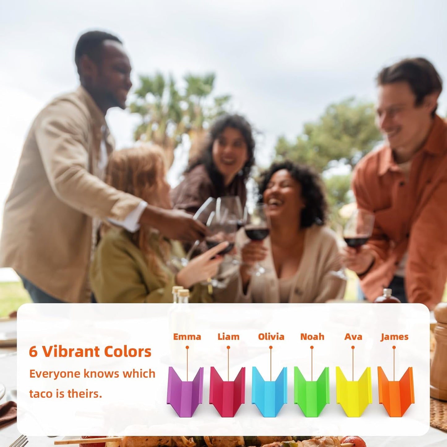 Colorful Taco Holder Set – Set of 6 with 2 Sauce Cups, Connectable & Stackable Plastic Taco Stands, Microwave & Dishwasher Safe, Great for Family Meals & Taco Nights