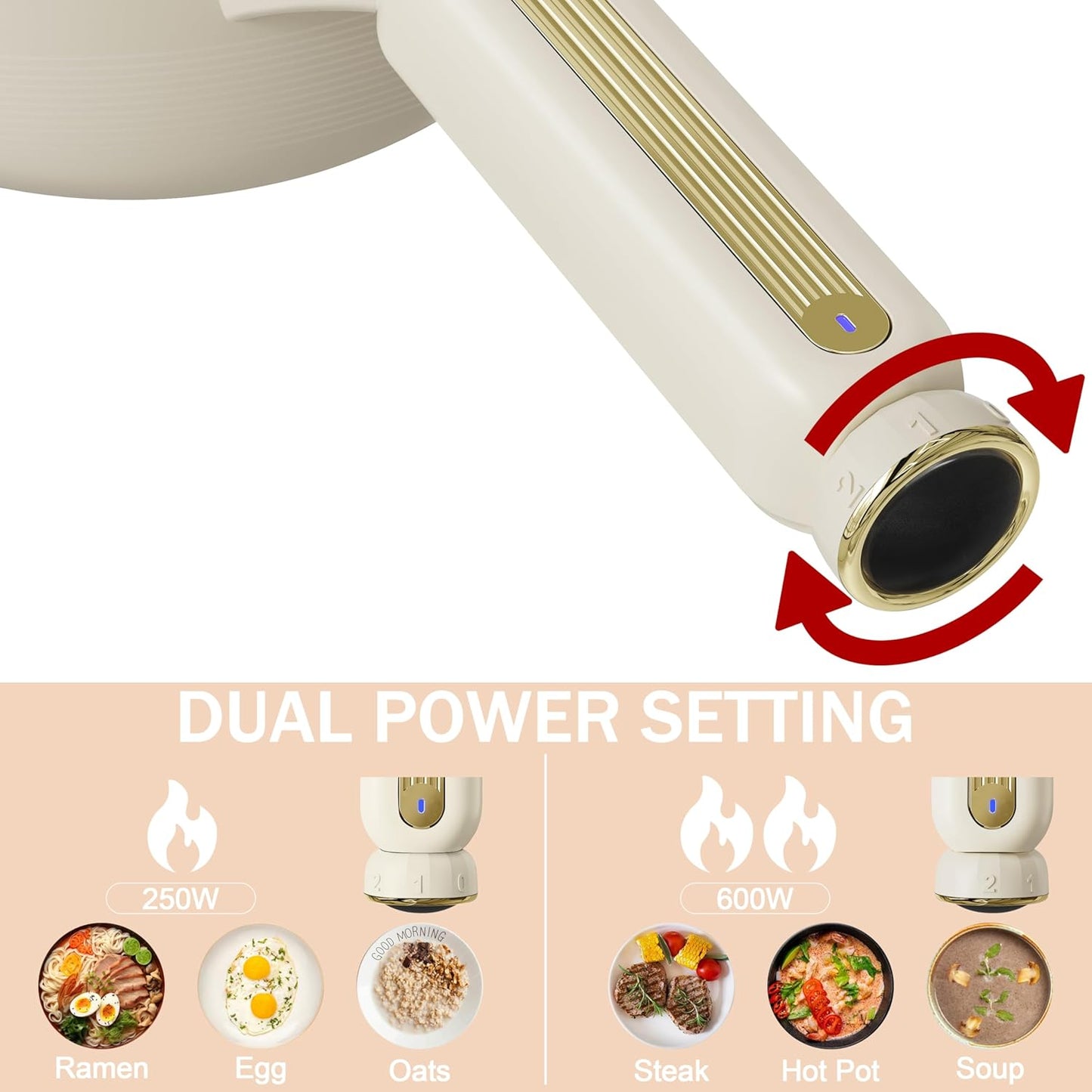 TOPWIT Hot Pot Electric, 2L Multifunctional Electric Pot, Non-Stick Sauté Pan, Portable Pot for Steak, Egg, Fried Rice, Ramen, Soup with Dual Power Control (Silicone Spatula Included), Beige