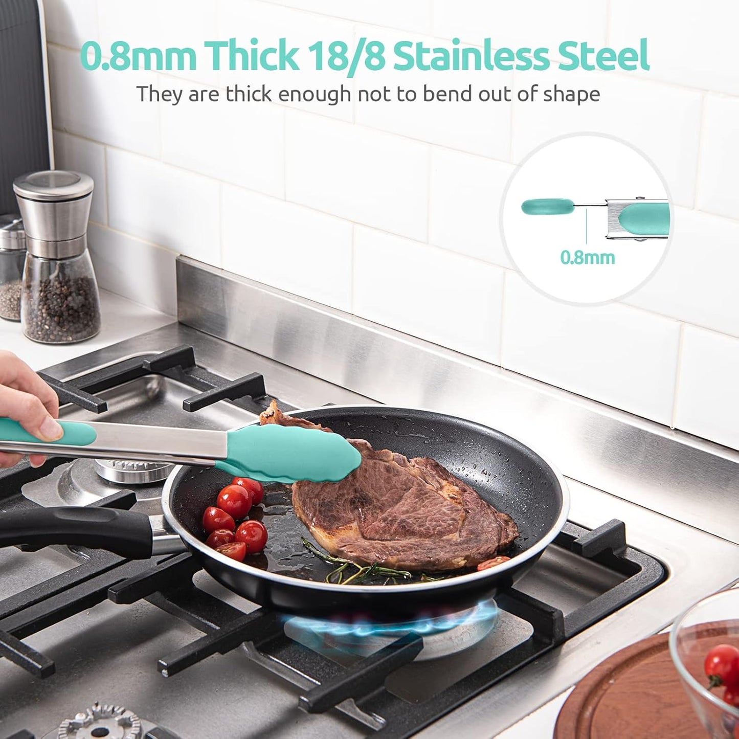 Heat Resistant Silicone Kitchen Tong: U-Taste 12 inch Large 480ºF Hot Proof Cooking Tong with Sturdy Non Stick Rubber Tips & Silicon Coated Steel Handle & Smooth Locking for Serving Salad (Aqua Sky)