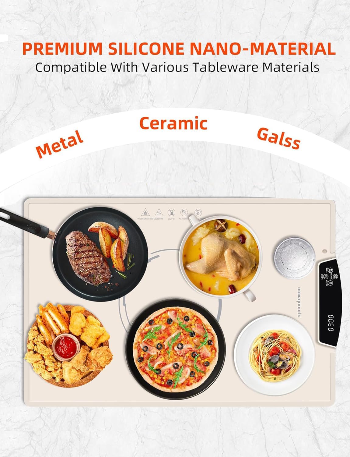 Electric Food Warming Tray, Full-Surface Warming Mat, Roll Up Silicone Heating Tray for Kitchen, Adjustable Temperature Settings & Timer, Food Warmer for Gatherings, Parties, Travel, Beige