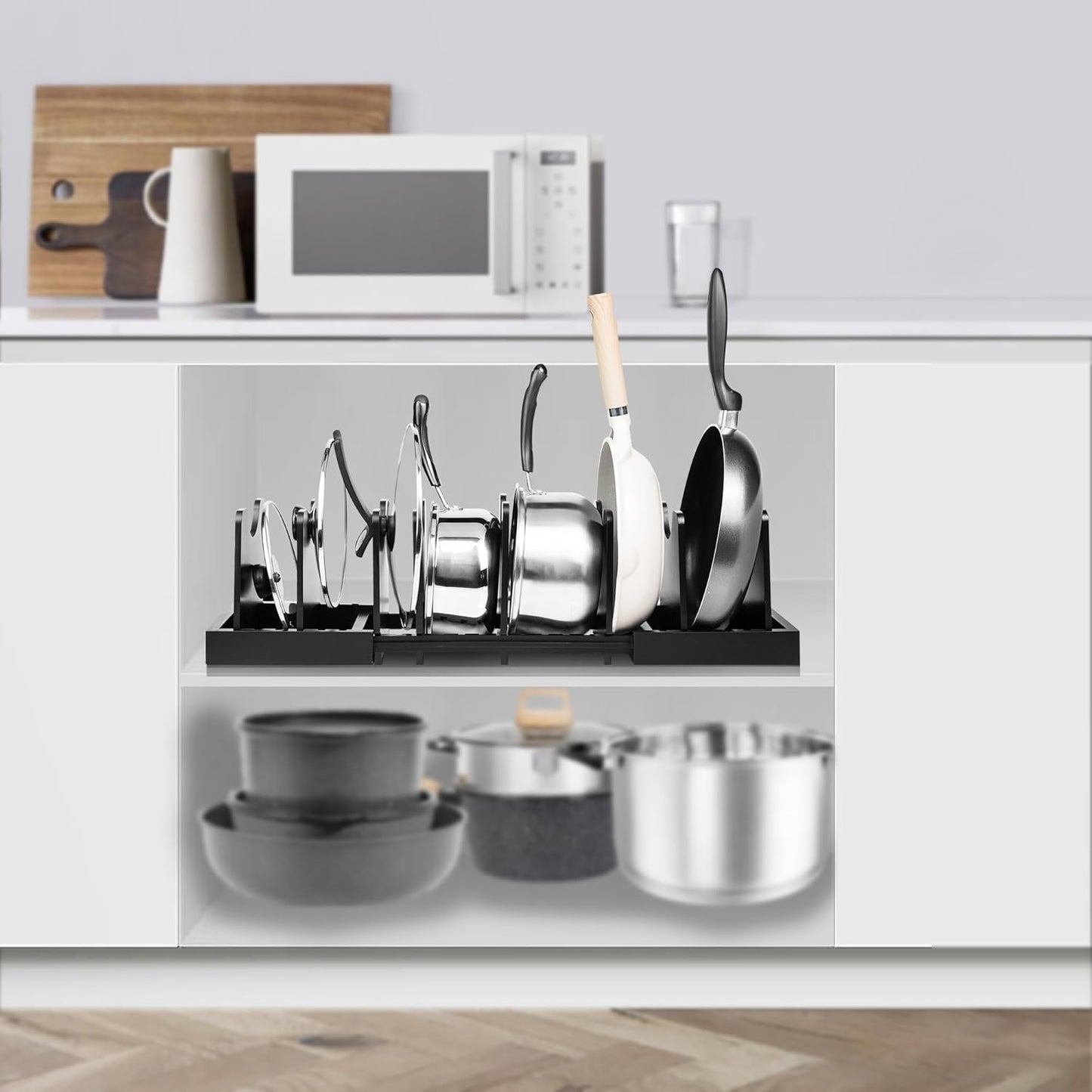 MinBoo Bamboo Expandable Pot Lid Organizer Pot Lid Holder, Pot and Pan Organizer Drawer Organizer for Pot Lids, Adjustable Dividers for Kitchen Cabinet Organizers and Storage,Black,Large