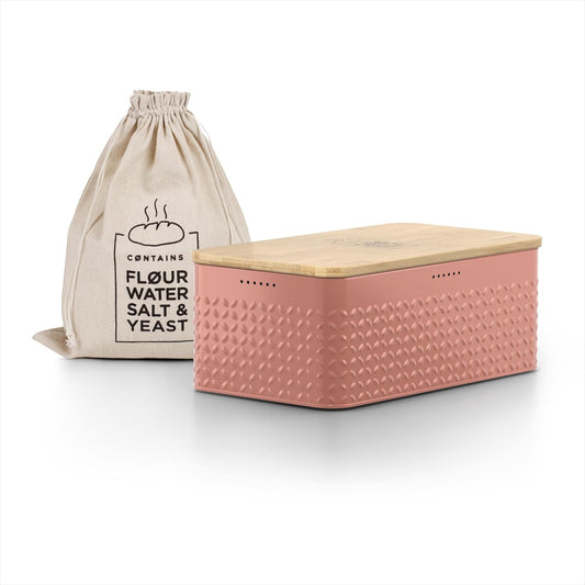 LARS NYSØM Bread Box I Metal Box with linen bag for long lasting freshness I Bread Bin with bamboo lid usable as cutting board I 13.4x7.3x5.3In (Brick Red)