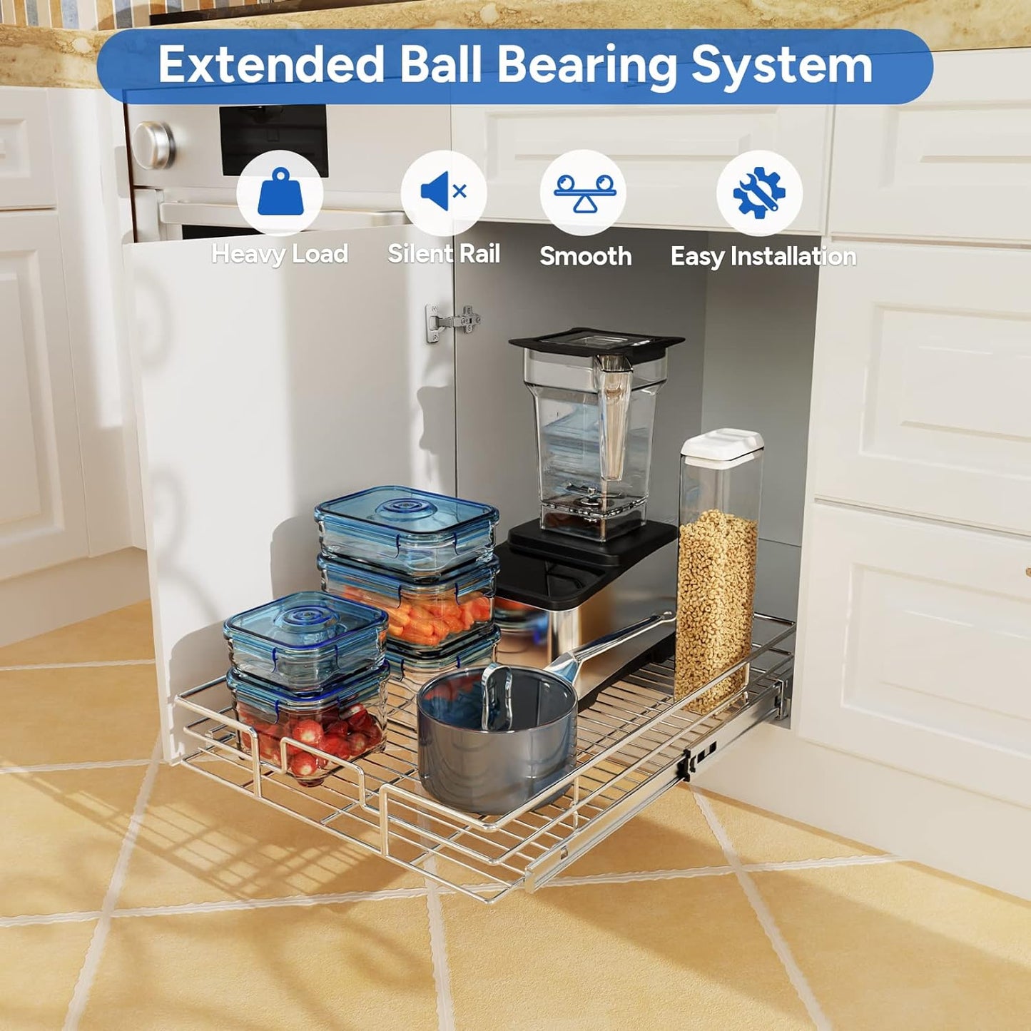 ROOMTEC Pull Out Cabinet Organizer, Cabinet Pull Out Shelves 11" W x 21" D, Heavy Duty Cabinet Drawers Slide Out Kitchen Cabinet Organizers Storage Shelf