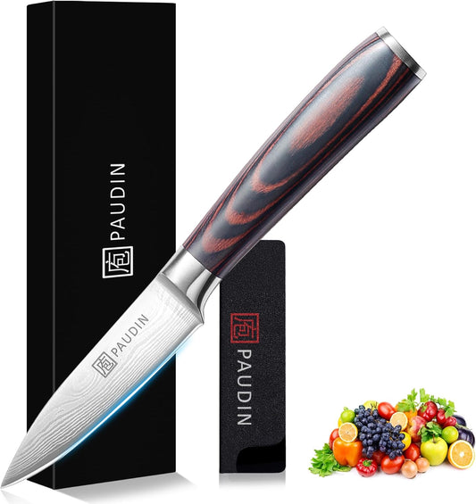 PAUDIN Paring Knife, 3.5 Inch Fruit Knife, High Carbon 5Cr15Mov Stainless Steel Forged Paring Knife, Ultra Sharp Small Kitchen Knife, Ergonomic Wooden Handle with Elegant Gift Box