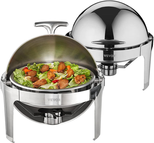 VEVOR Roll Top Chafing Dish Buffet Set, 6 Qt 2 Pack, Stainless Steel Chafer with 2 Full Size Pans, Round Catering Warmer Server with Lid Water Pan Stand Fuel Holder, for at Least 5 People Each