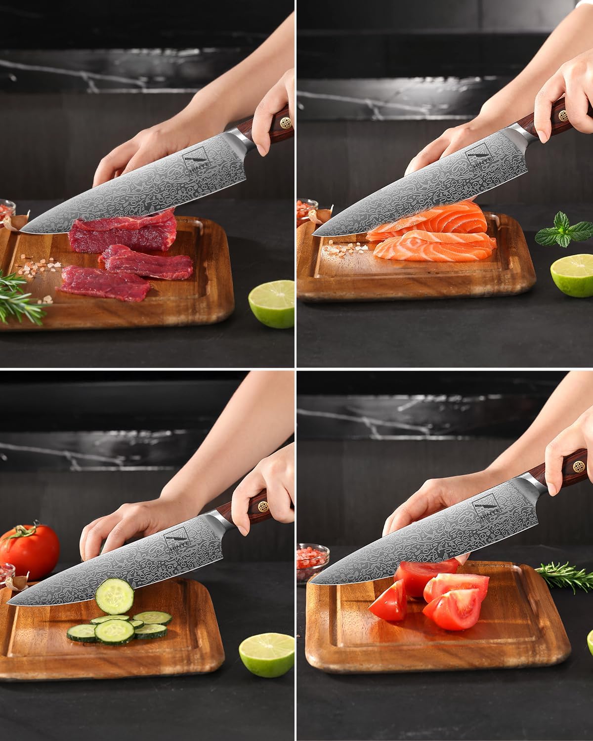 8" German Damascus Chef Knife with Redwood Ergonomic Handle, Textured Anti-Stick Blade, Rustproof Kitchen Knife for Effortless Chopping, Premium Gift Box
