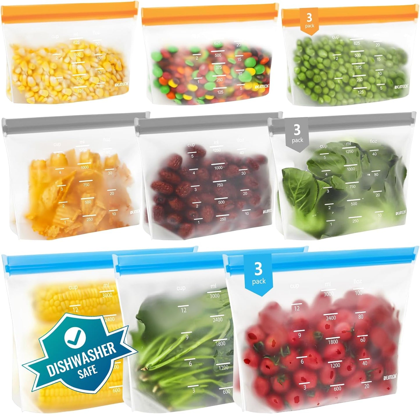 Dishwasher Safe Reusable Storage Bags Stand Up - BPA Free Reusable Sandwich Bags - Leakproof Gallon Freezer Bags, Silicone Food Storage Bags - Multicolor 3 Gallon + 3 Sandwich + 3 Snack Bags