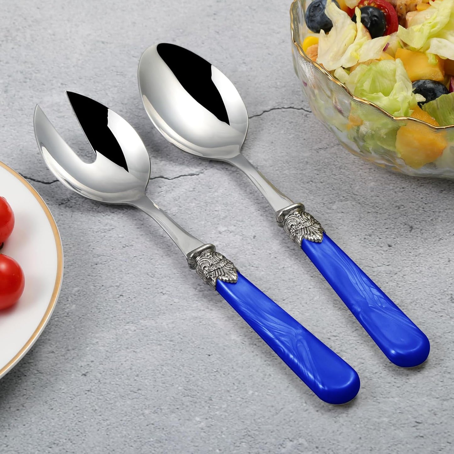 2-piece Salad Servers Stainless Steel Salad Serving Set Salad Fork and Spoon (Deep Blue)