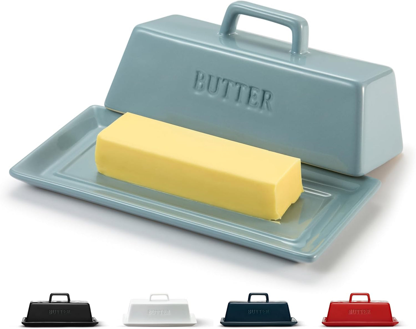Kook Ceramic Butter Dish with Lid, Kitchen Countertop Butter Keeper, Serving Tray with Cover, Storage Container, Holds 1 Stick, Microwave and Dishwasher Safe, Casper Blue