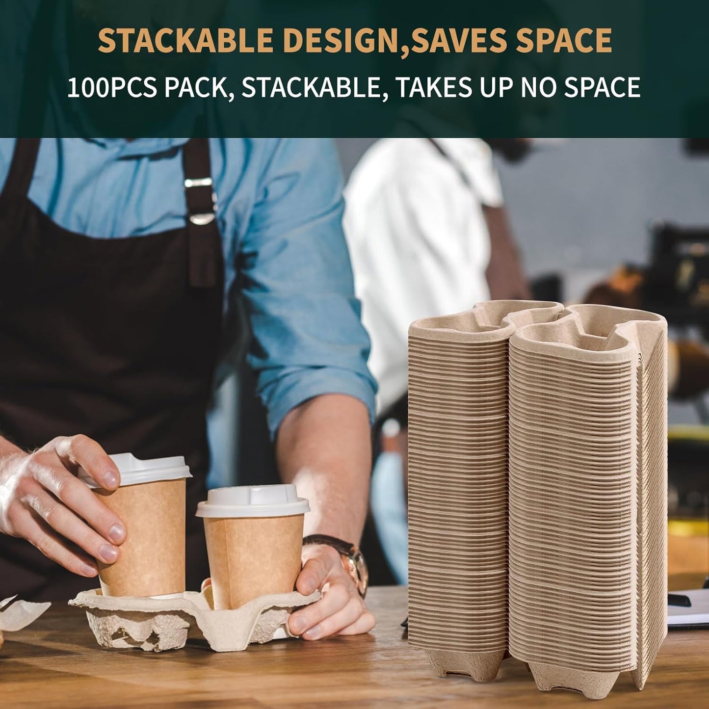 Tearable 4 to 2 Cup Drink Carrier - Biodegradable Convertible Cup Holder for Hot/Cold Beverages (8oz-32oz) - Pulp Fiber to Go for Restaurants, Takeout/Delivery (100 Pack)