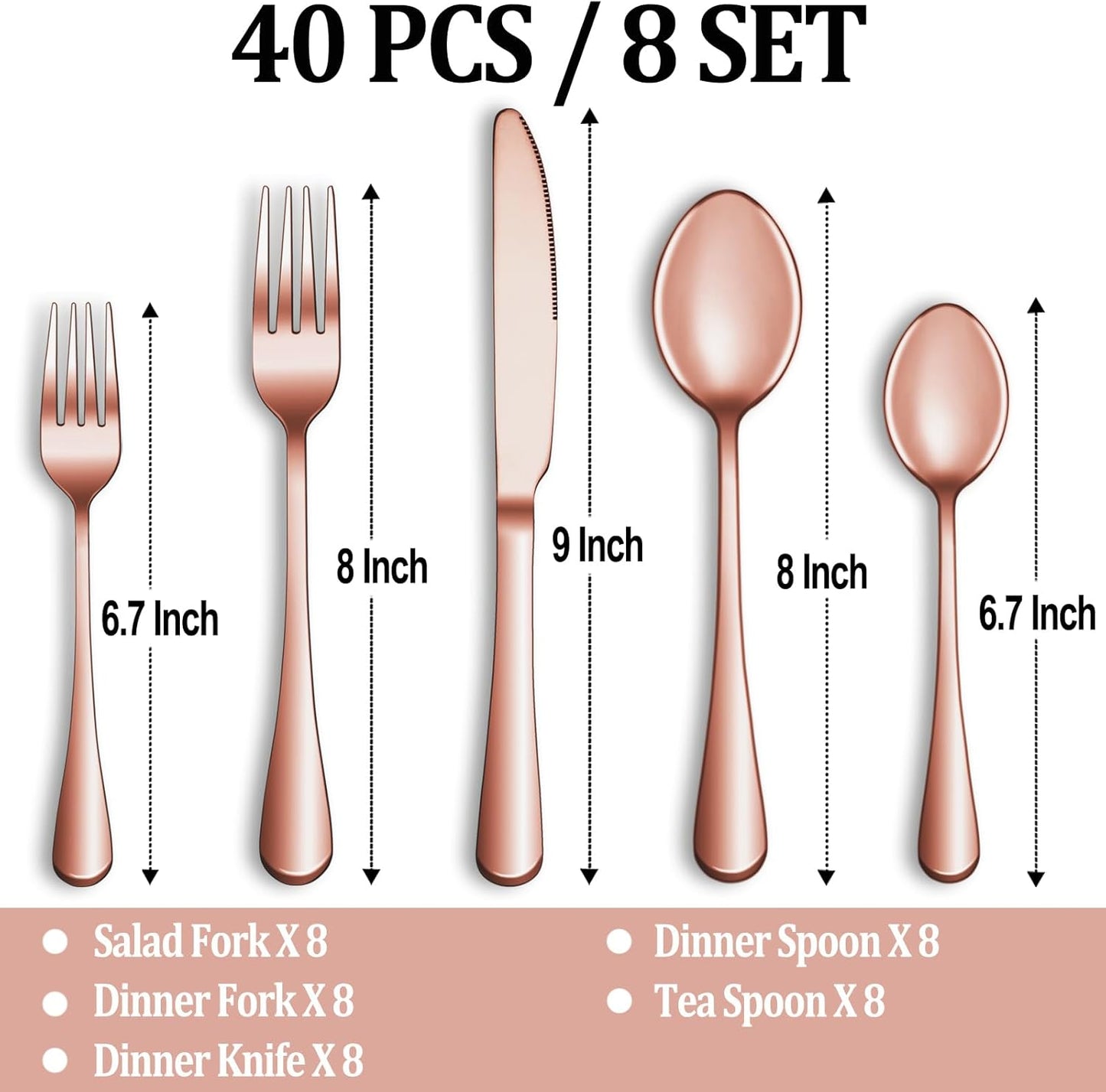 40 Pcs Rose Gold Silverware Set Service for 8, Premium Stainless Steel Flatware Set, Cutlery Utensil Set, Durable Home Kitchen Eating Tableware Set, Include Fork Knife Spoon Set, Dishwasher Safe
