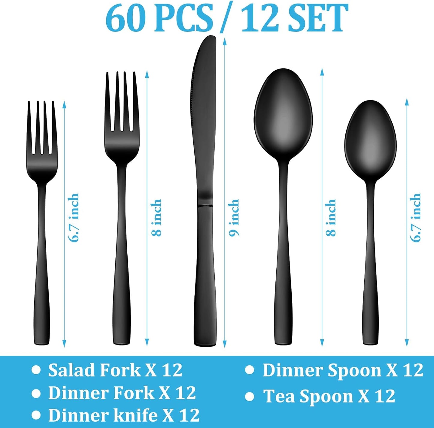 60 Pcs Black Silverware Set, Stainless Steel Flatware Set Service for 12, Mirror Polished Cutlery Utensil Set, Durable Home Kitchen Eating Tableware Set, Include Fork Knife Spoon Set, Dishwasher Safe