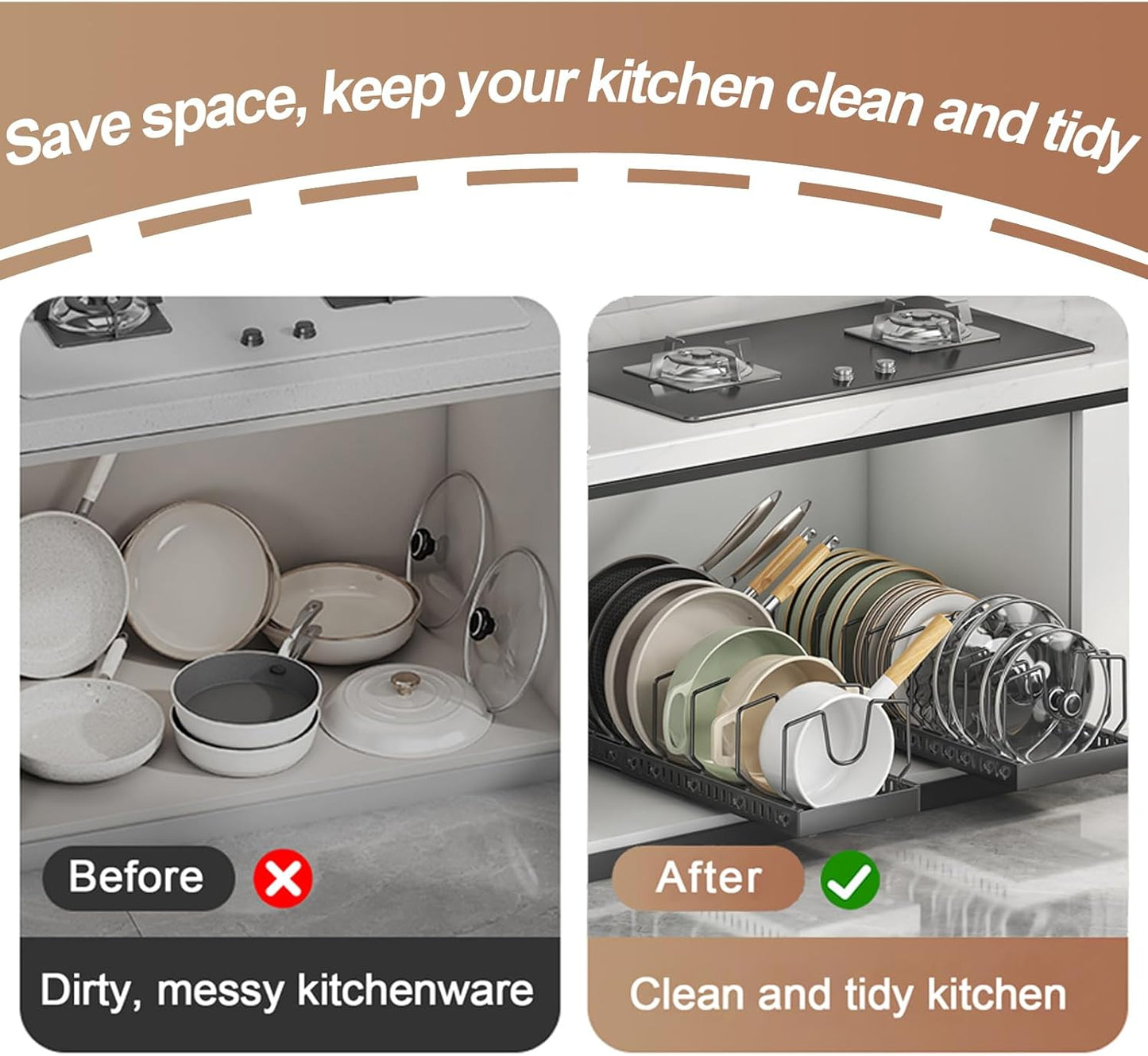 Expandable Pots and Pans Organizer Under Cabinet, Sliding Pot Lid Holder and Pan Rack in Kitchen, Pull out Kitchen Cabinet Storage, with 10 Adjustable Dividers