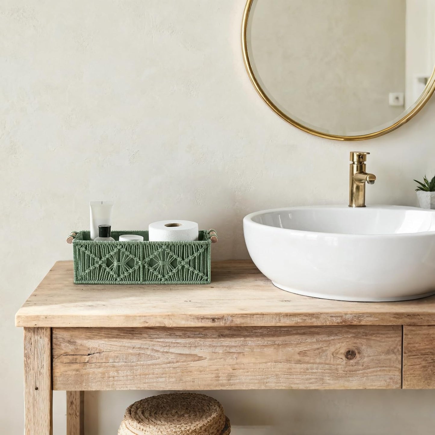 Mkono Macrame Storage Baskets Boho Decor Box Handmade Woven Decorative Countertop Toilet Tank Shelf Cabinet Organizer for Bedroom Livingroom Home, Set of 2, Green