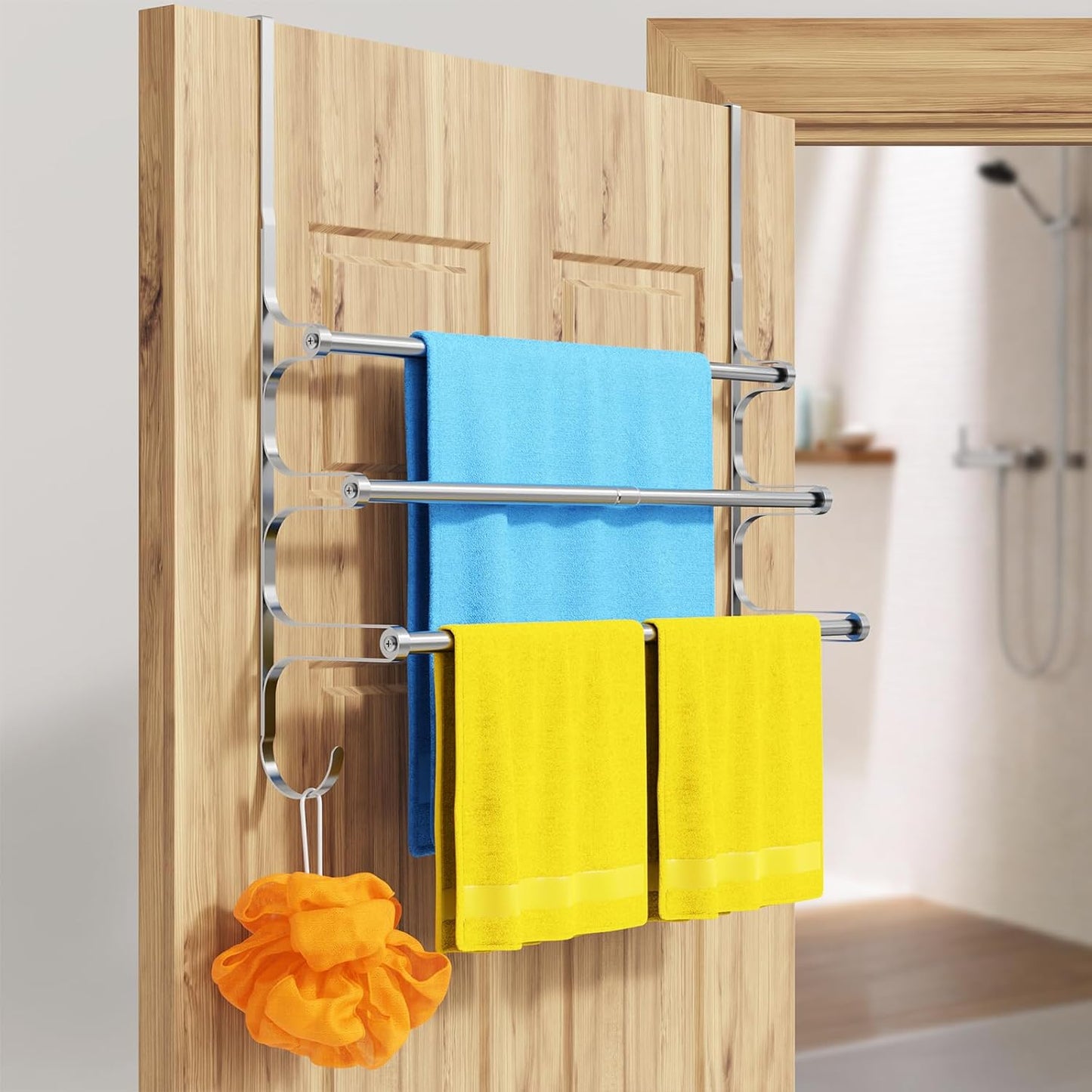 Over The Door Towel Rack, Triple Towel Storage Holder with Hooks, 24.02 Inches Towel Bar Hanger Towel Racks for Bathroom (Silver)