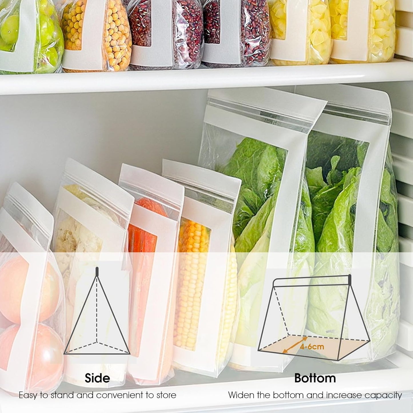 Reusable Freezer Bags 15PCS, Gallon Food Storage Bags with Stand & Label Leakproof Reusable Sandwich Bag for Kitchen, Vegetables, Snacks（Long style）