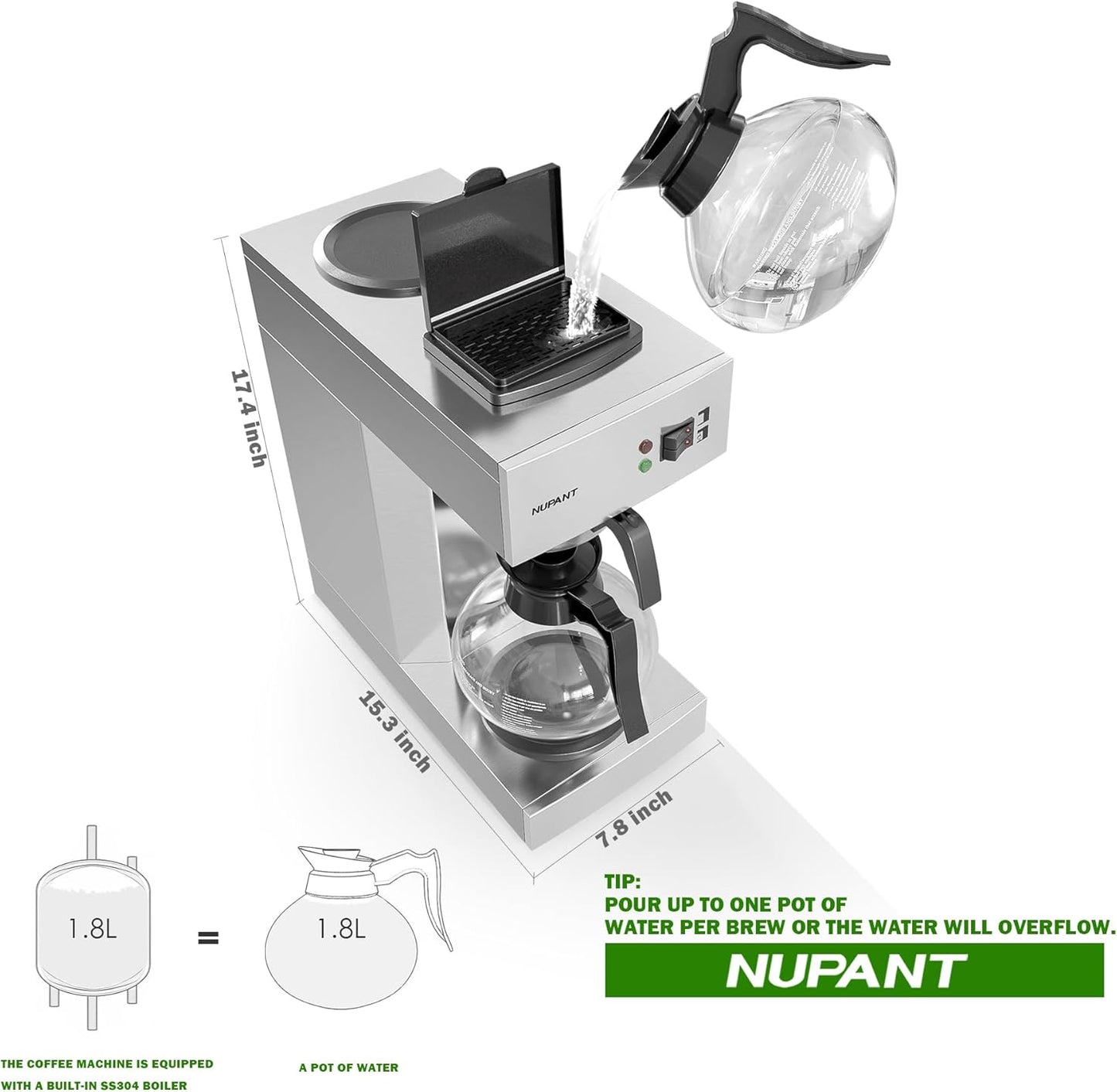 12-Cup Coffee Maker 1.8L Commercial Drip Coffee Maker Pour Over Coffee Machines with 2 Glass Carafes and 2 Warmers Plate Stainless Steel Coffee Brewer for Cofe Bar and Restaurant