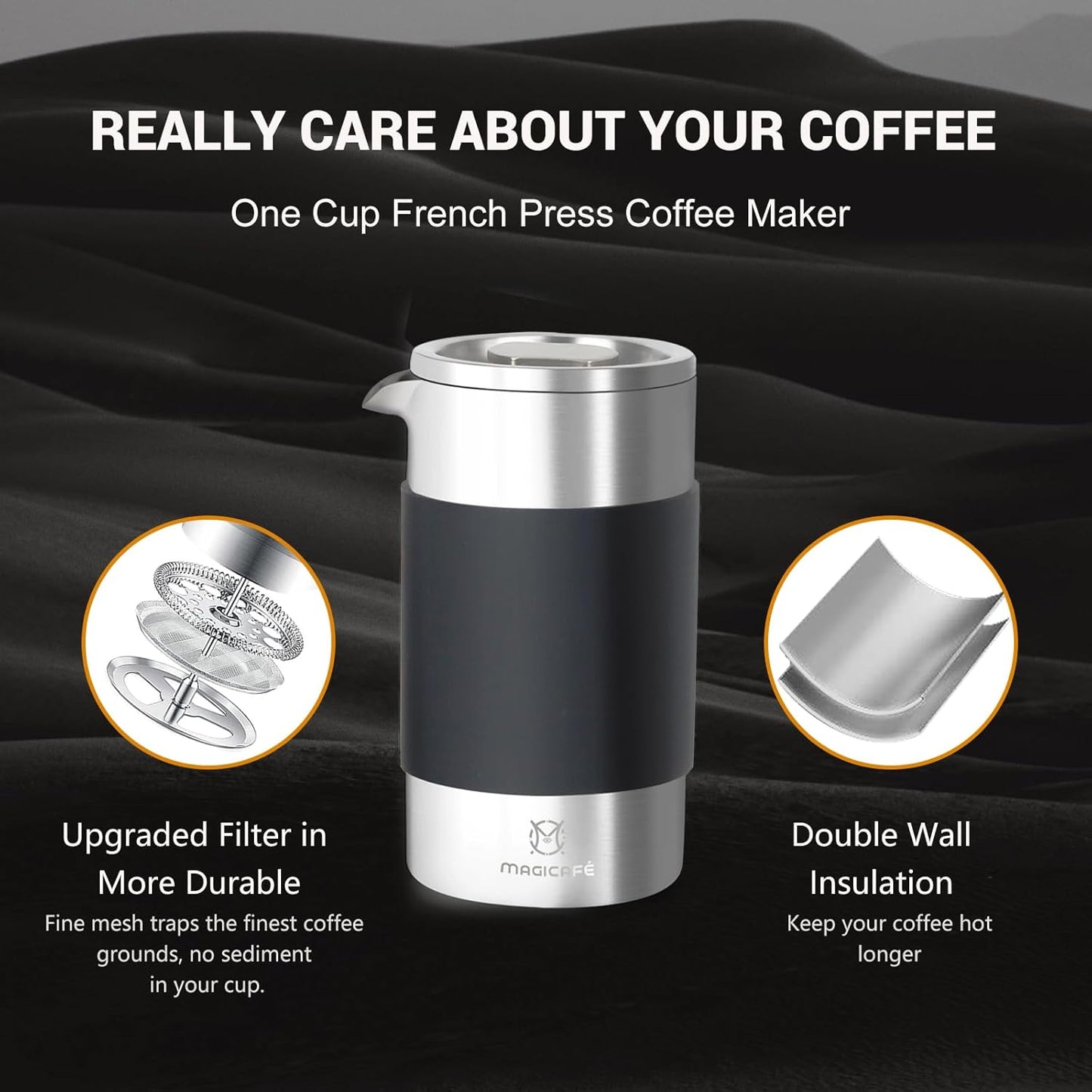 French Press Coffee Maker Set, Portable French Press with Mini Coffee Canister and Collection Bag, Single Serve 1 Cup Small Stainless Steel Double Walled Coffee Press 350ml/12oz